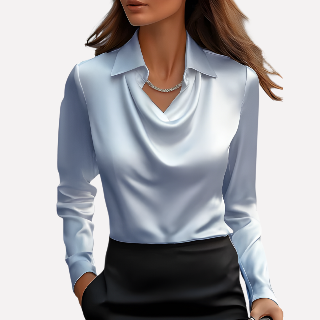 Women's Satin Blouse with Draped Neckline, Elegant