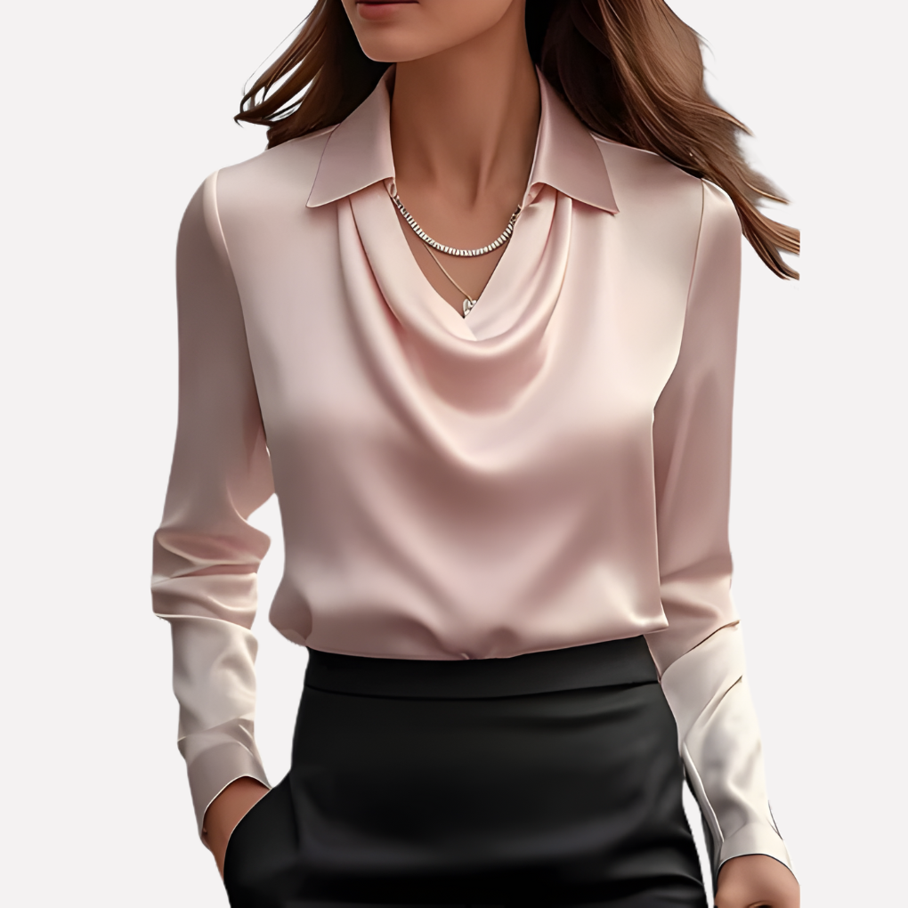 Women's Satin Blouse with Draped Neckline, Elegant