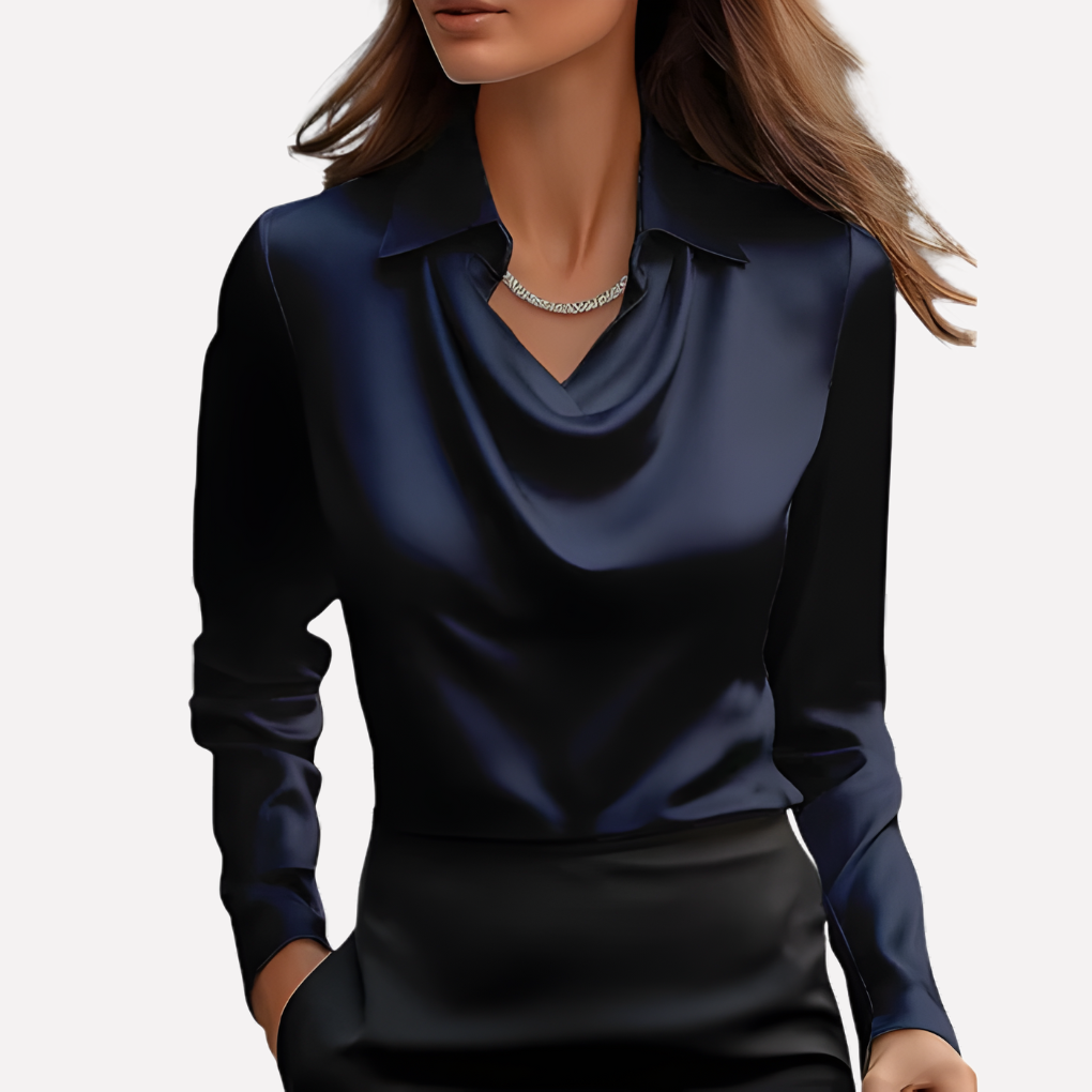 Women's Satin Blouse with Draped Neckline, Elegant