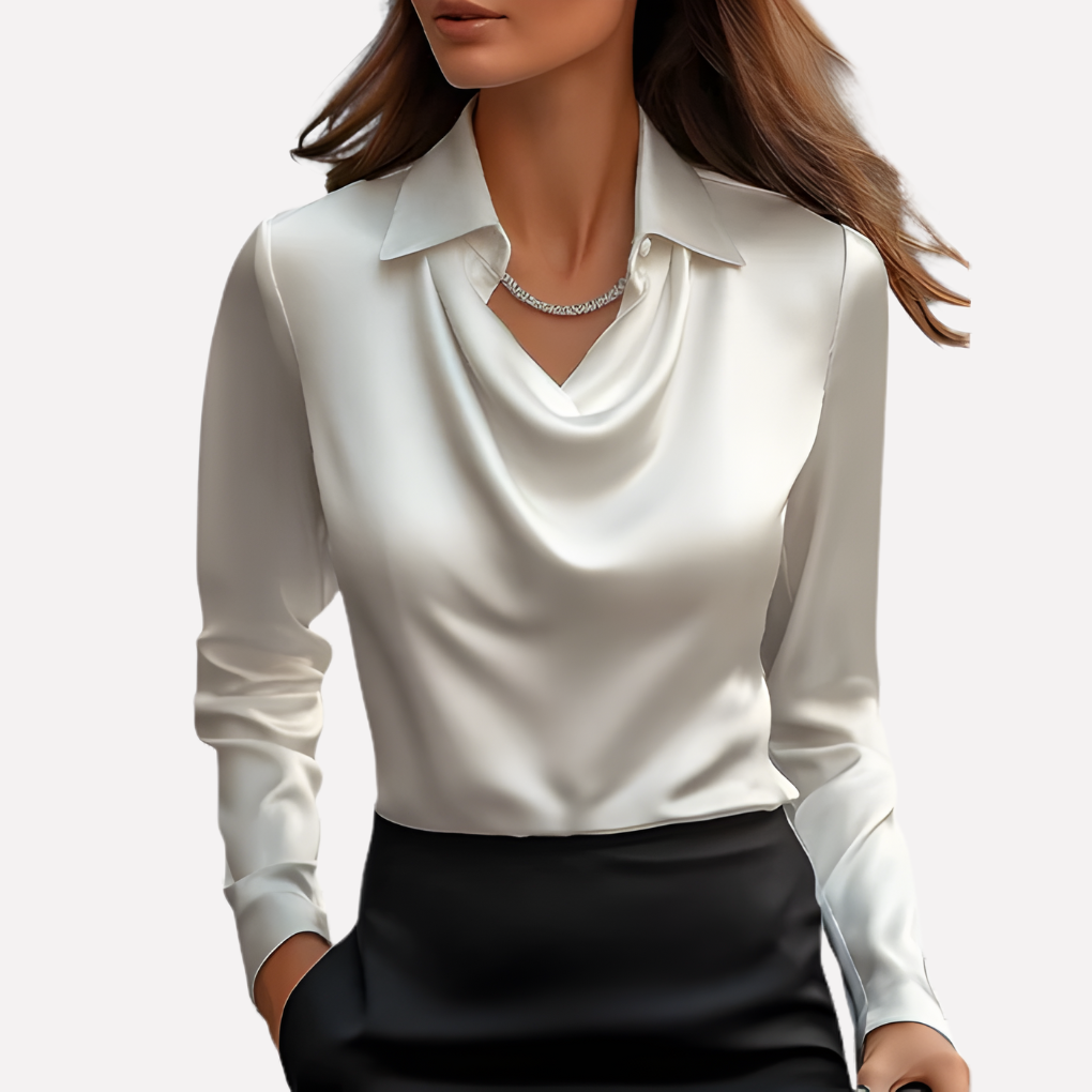 Women's Satin Blouse with Draped Neckline, Elegant