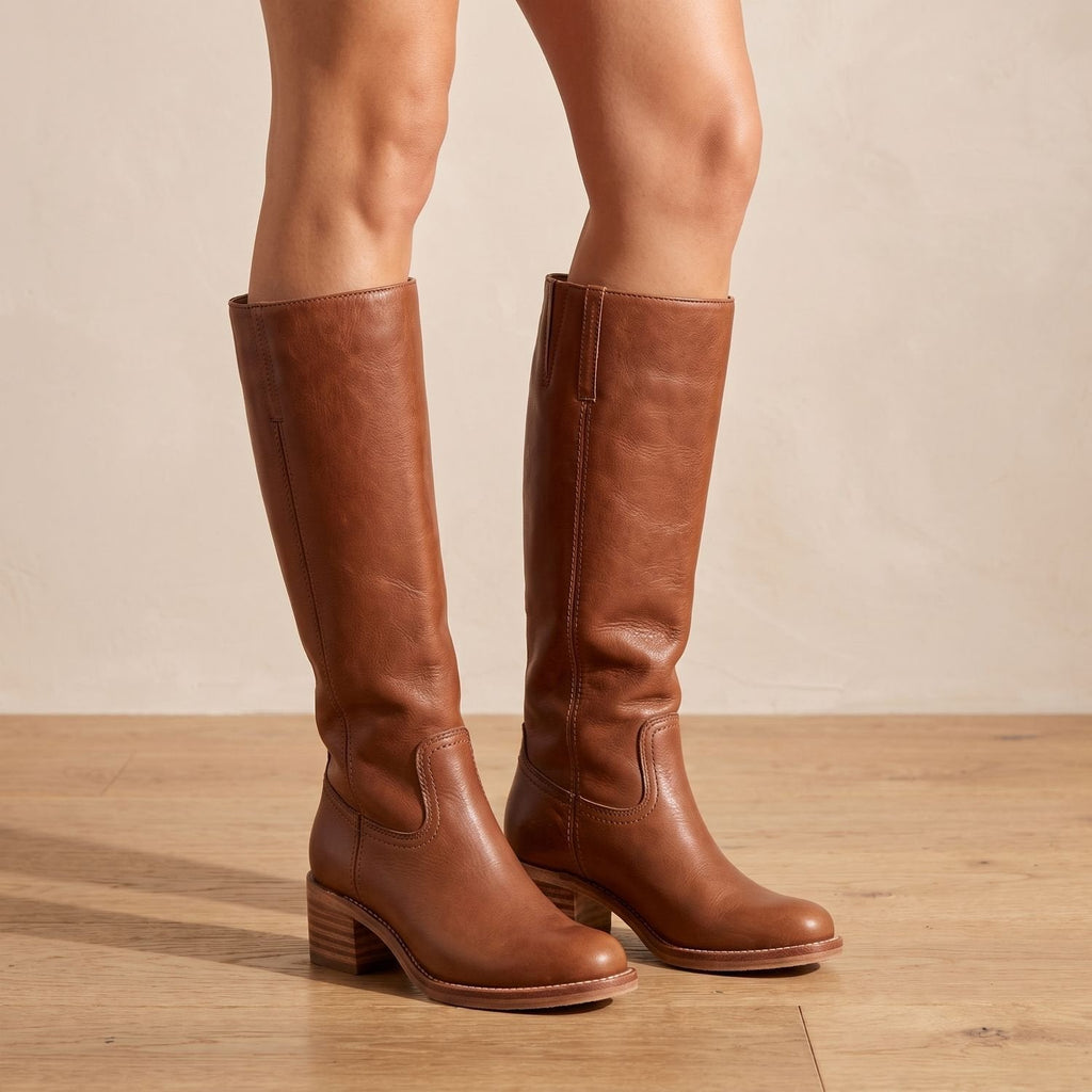 Knee High Boots Women Cowboy Block Heel in Brown