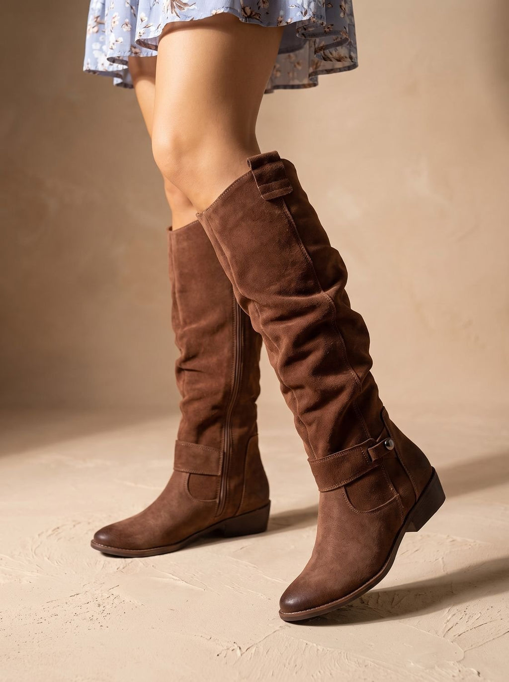 Knee High Boots Women Flat Slouchy Side Zip in Brown