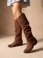 Knee High Boots Women Flat Slouchy Side Zip in Brown