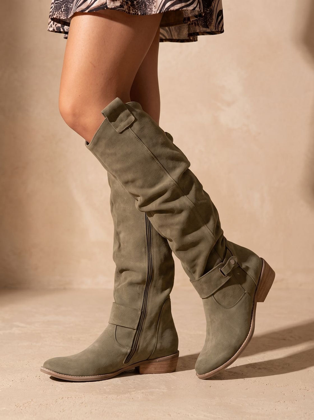 Knee High Boots Women Flat Slouchy Side Zip in Green