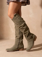 Knee High Boots Women Flat Slouchy Side Zip in Green
