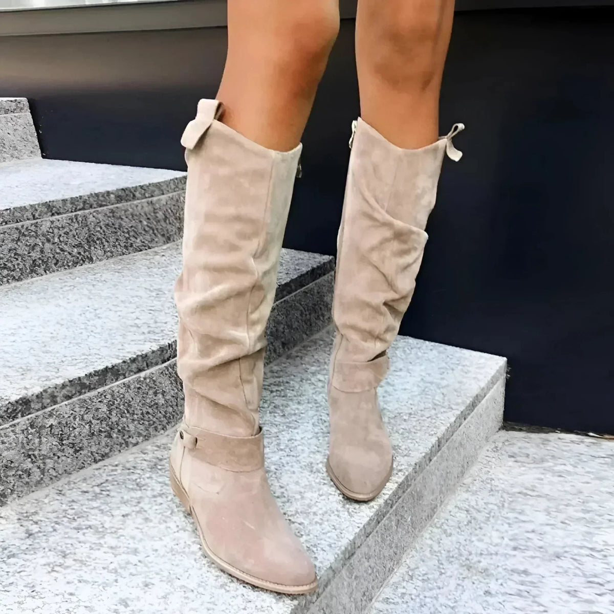 Suede Knee High Boots Women Slouch Block Heel