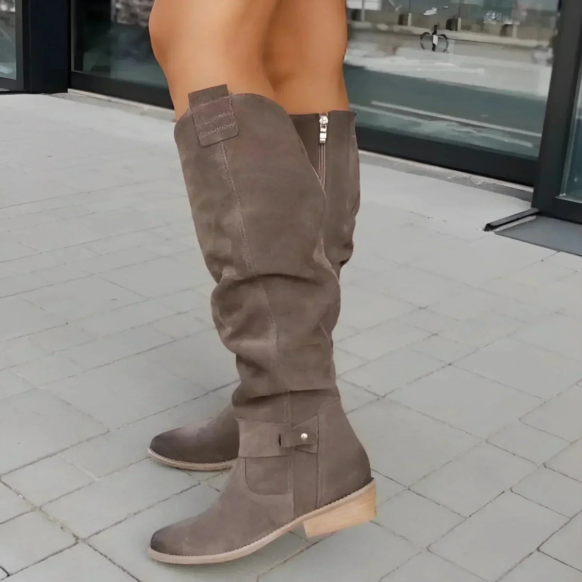 Suede Knee High Boots Women Slouch Block Heel