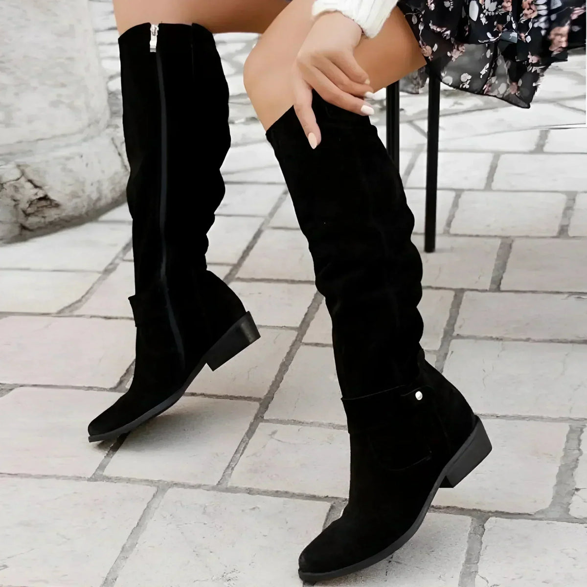 Suede Knee High Boots Women Slouch Block Heel