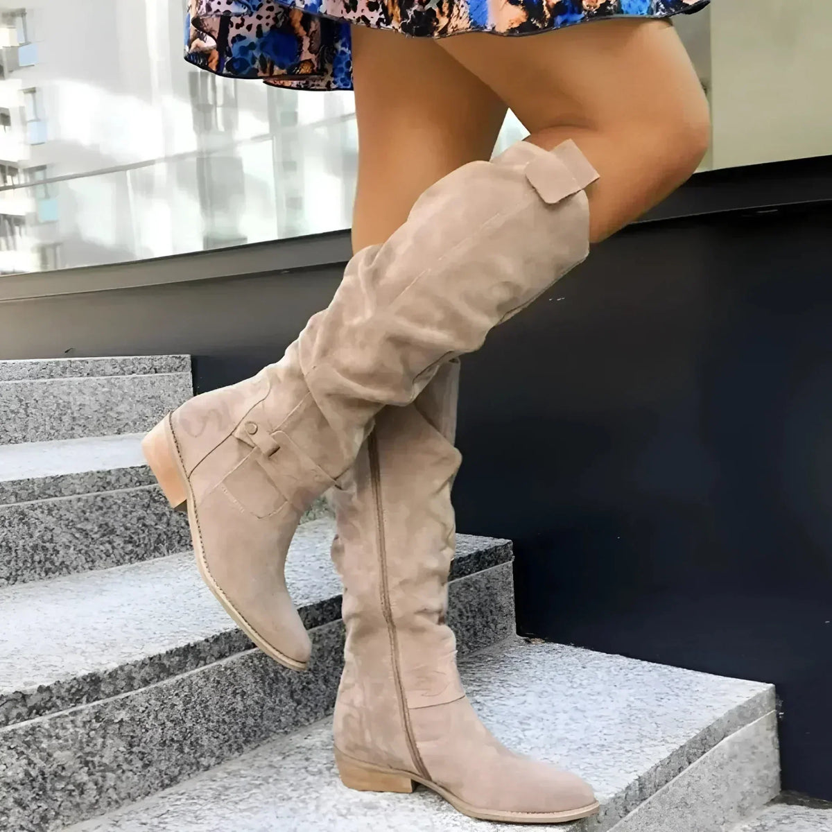 Suede Knee High Boots Women Slouch Block Heel