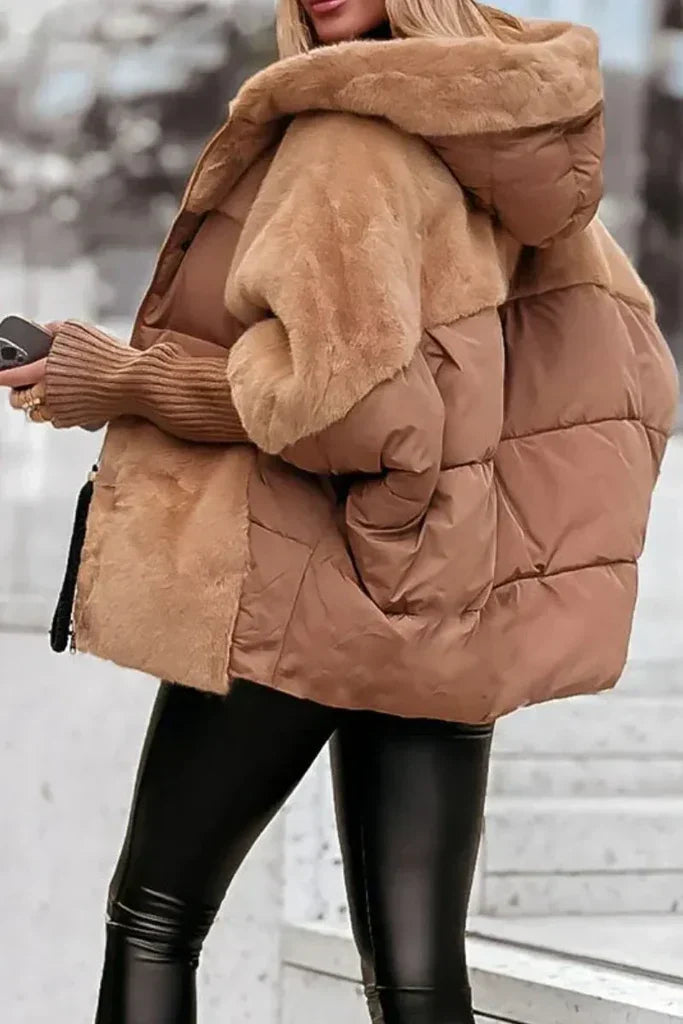 Puffer Jacket Women with Faux Fur Collar, Warm