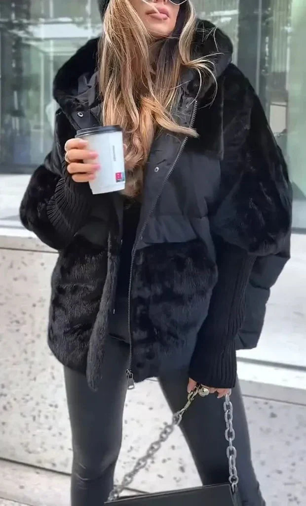 Puffer Jacket Women with Faux Fur Collar, Warm